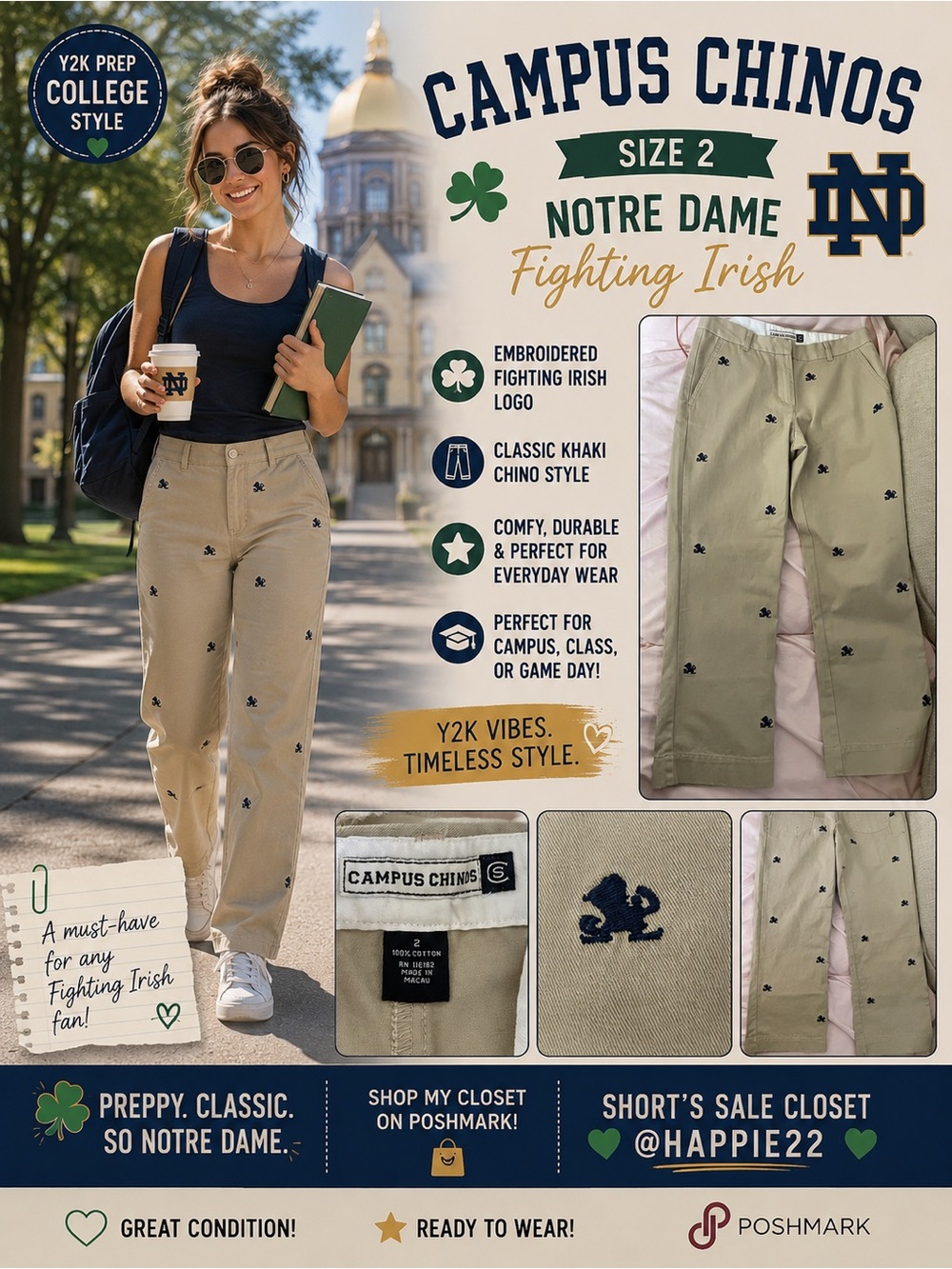 Notre Dame Embroidered Flighting Irish Logo Pants - Sz 2